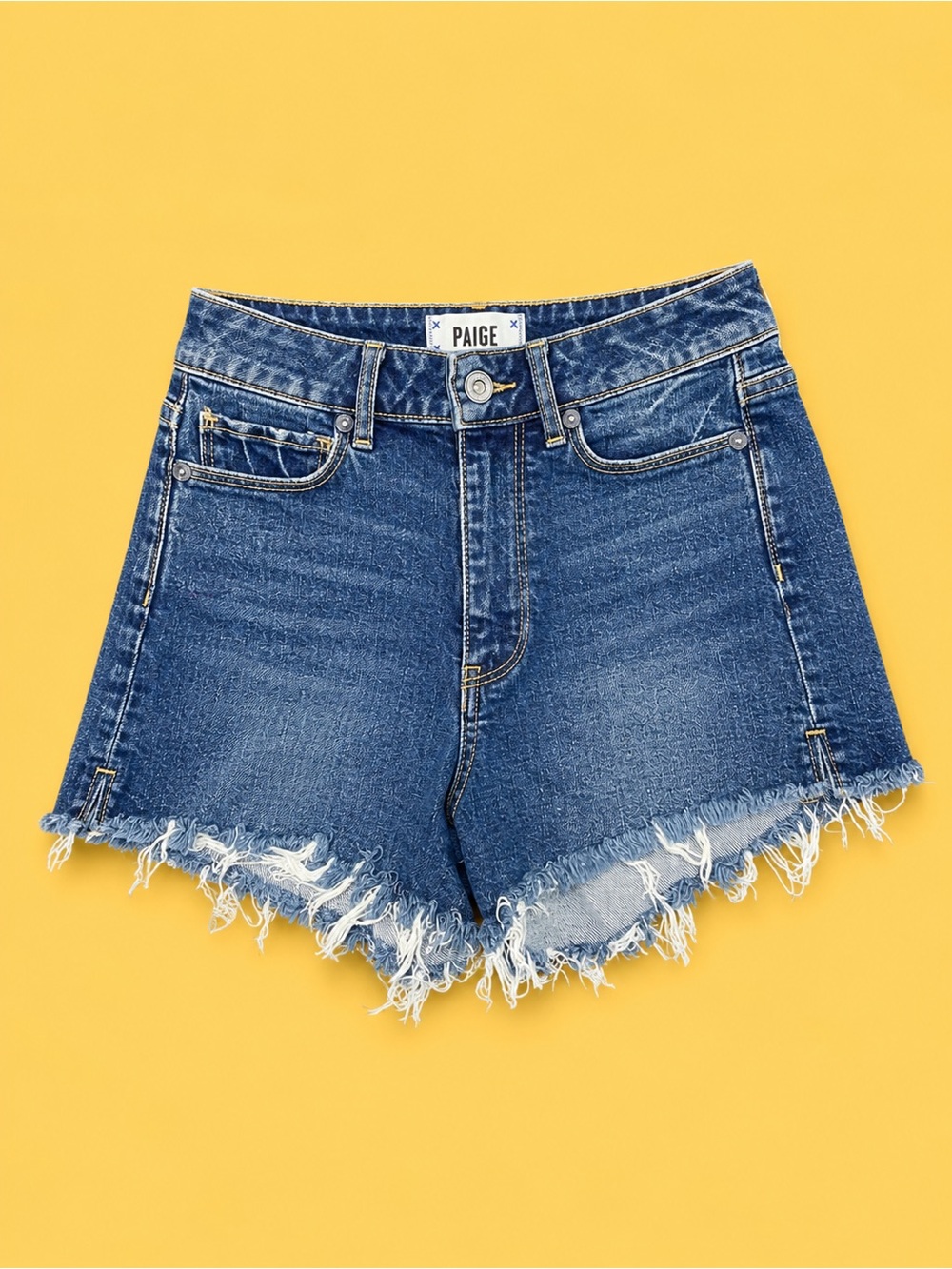 PAIGE Dark Blue Distressed Frayed Hem Denim Shorts